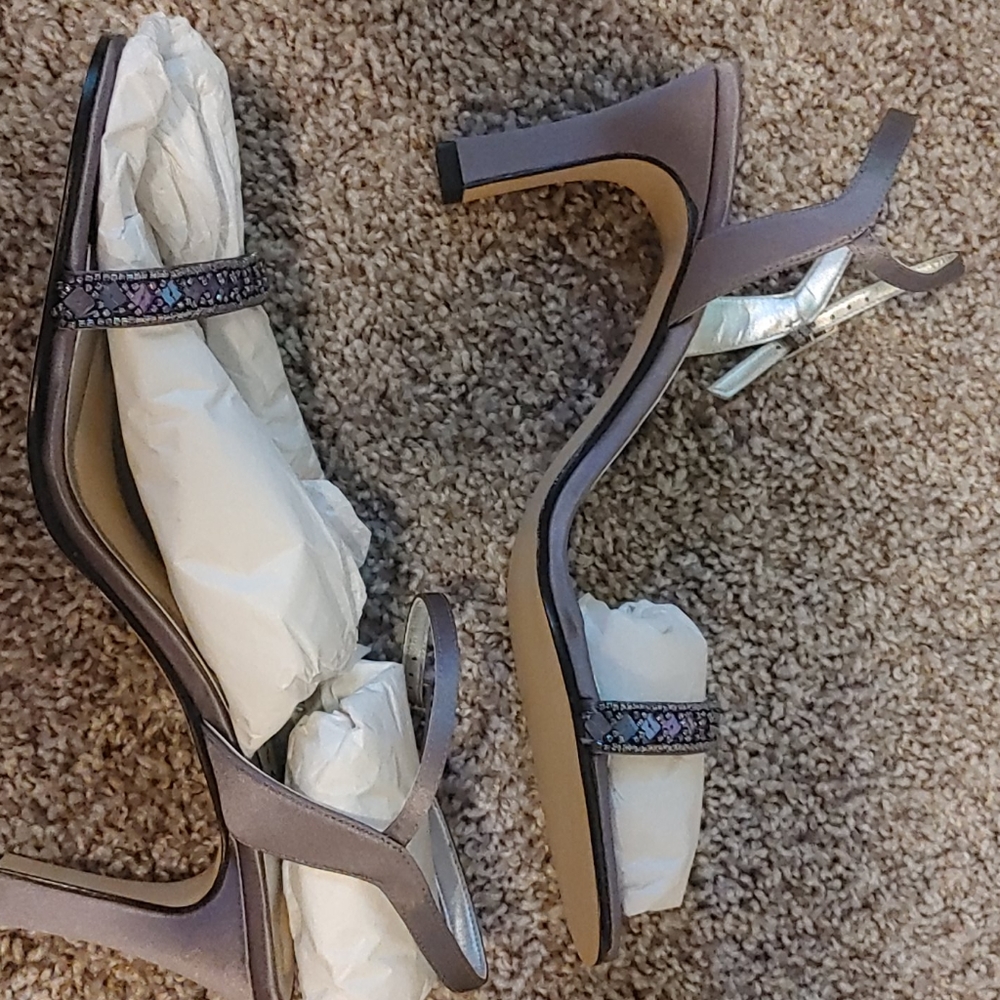 Purple satin rhinestone heels